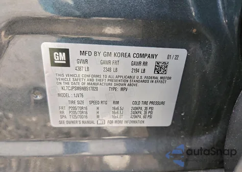 2022 Chevrolet Trax 1Lt z USA, uszkodzony, nr VIN KL7CJPSM9NB517020